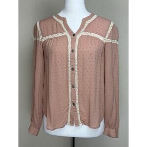 APEACH Women’s Top Blouse Sz Small Mauve Textured Lace Trim Long Sleeve Peasant